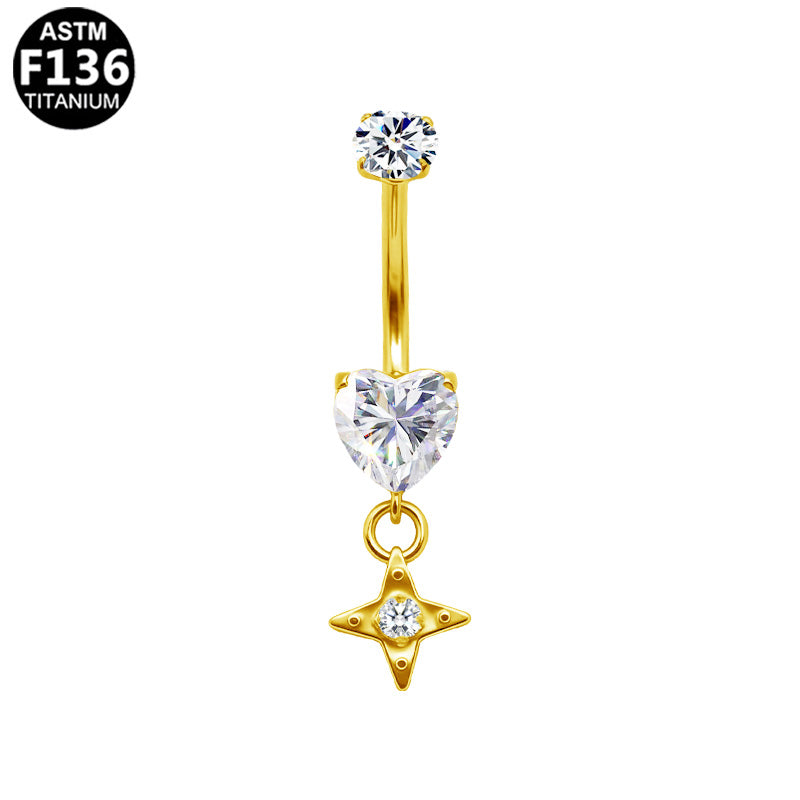 Piercing nombril cœur et étoile pendante en titane doré