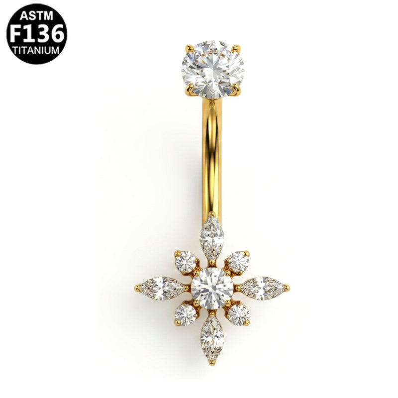 Piercing nombril étoile florale scintillante en titane doré