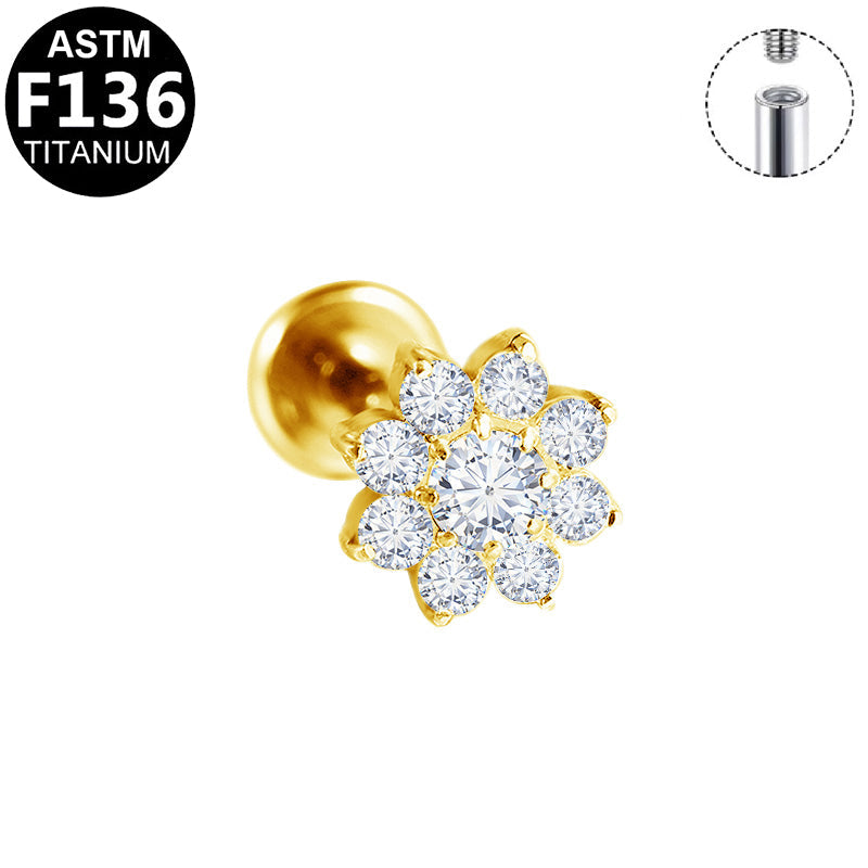 Piercing fleur pavée en titane doré