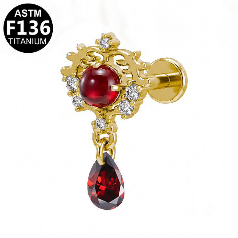 Piercing goutte rouge pendante en titane doré