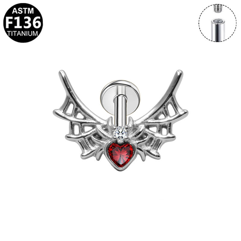 Piercing toile d'araignée cœur rouge en titane argenté