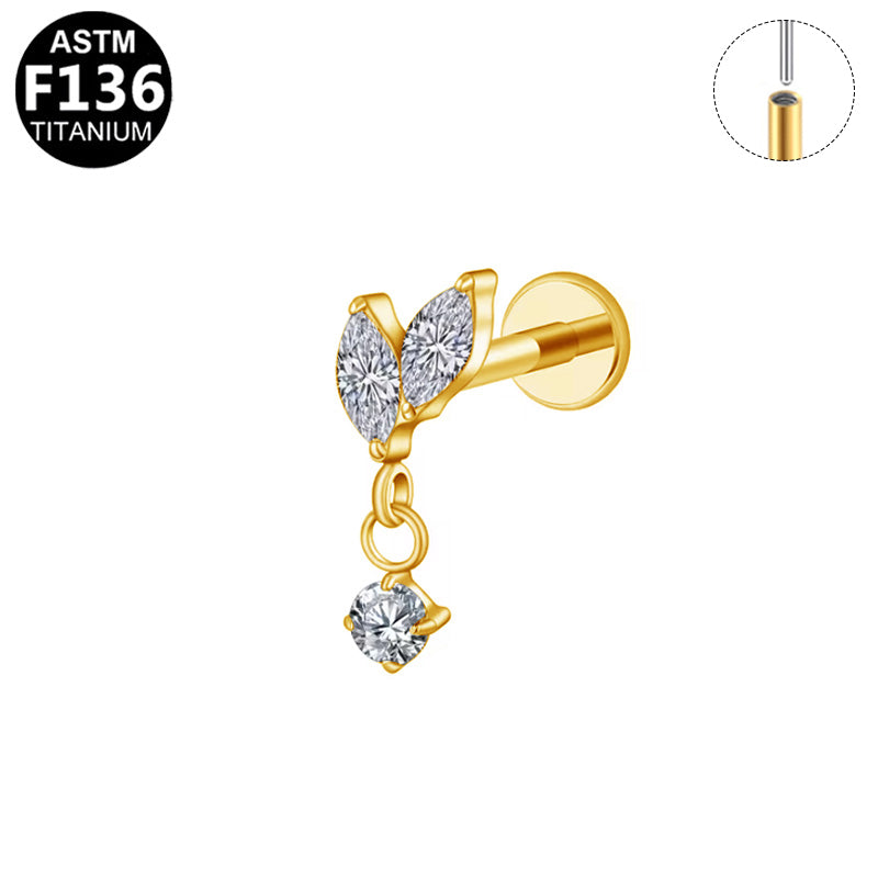 Piercing feuilles et zircon pendant en titane doré