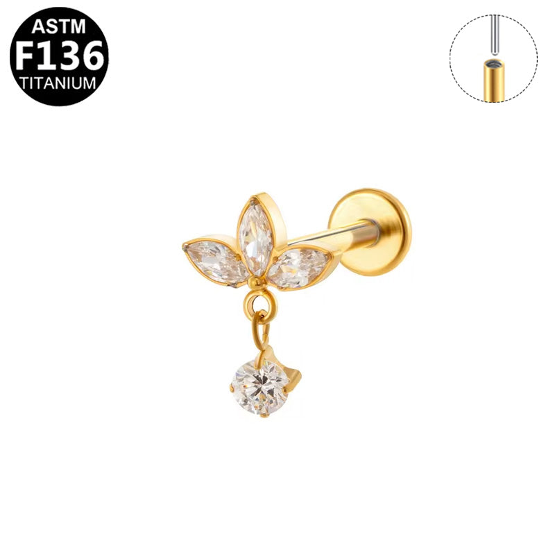 Piercing éventail et zircon pendant en titane doré