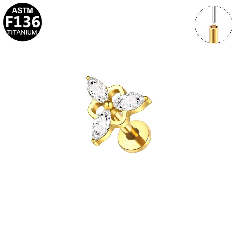 Piercing fleur quatre marquises (push-pin) en titane doré