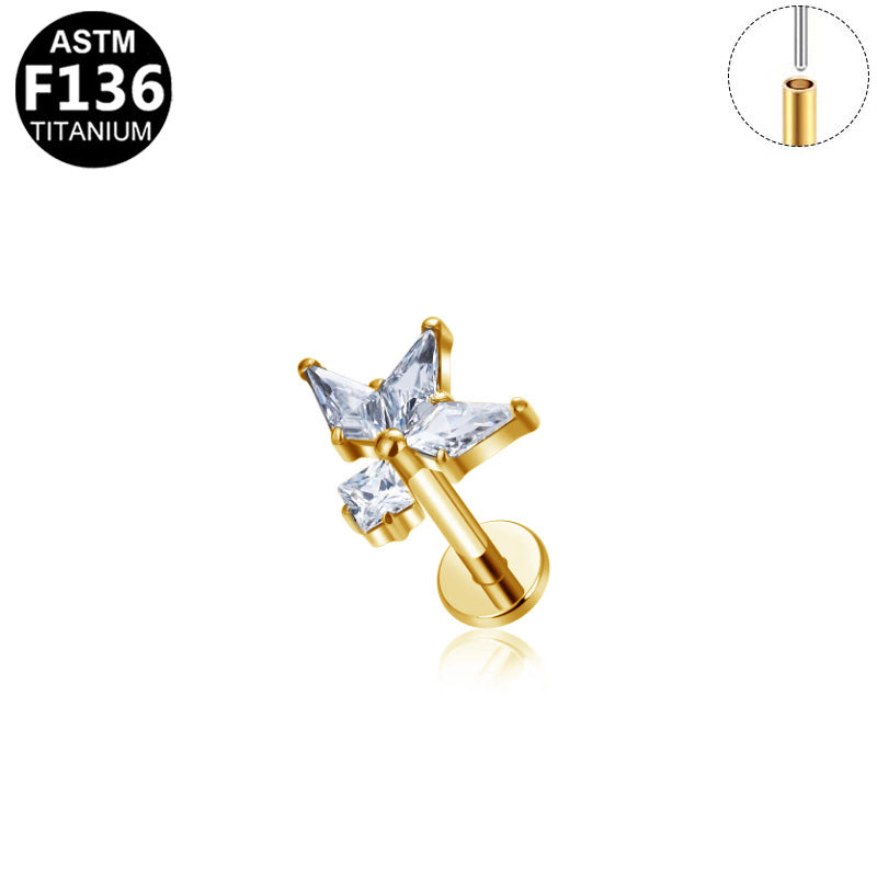 Piercing papillon cristal (push-pin) en titane doré