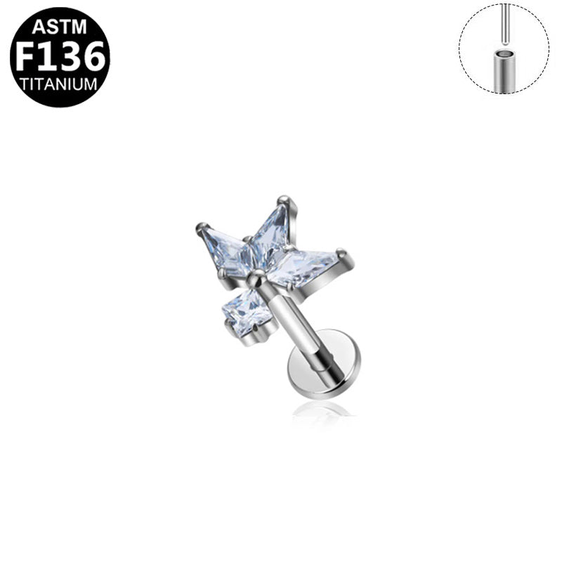 Piercing papillon cristal (push-pin) en titane argenté