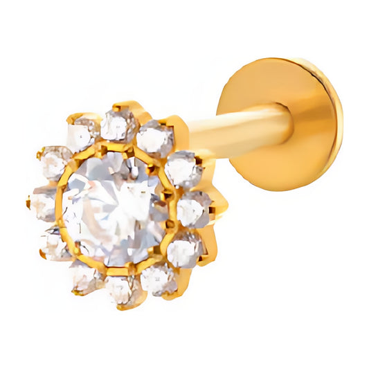 Piercing zircon entouré d'un halo de pierres, titane argenté