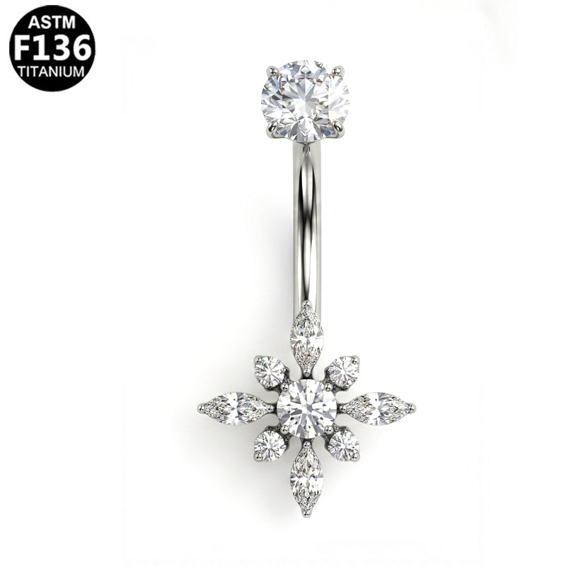 Piercing nombril étoile florale scintillante en titane argenté