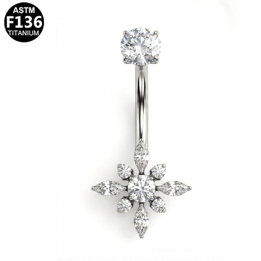 Piercing nombril étoile florale scintillante en titane argenté