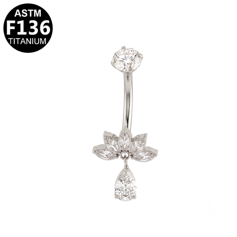 Piercing nombril fleur et goutte en titane argenté