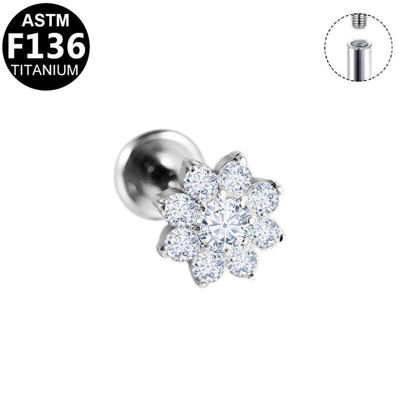 Piercing fleur pavée en titane argenté