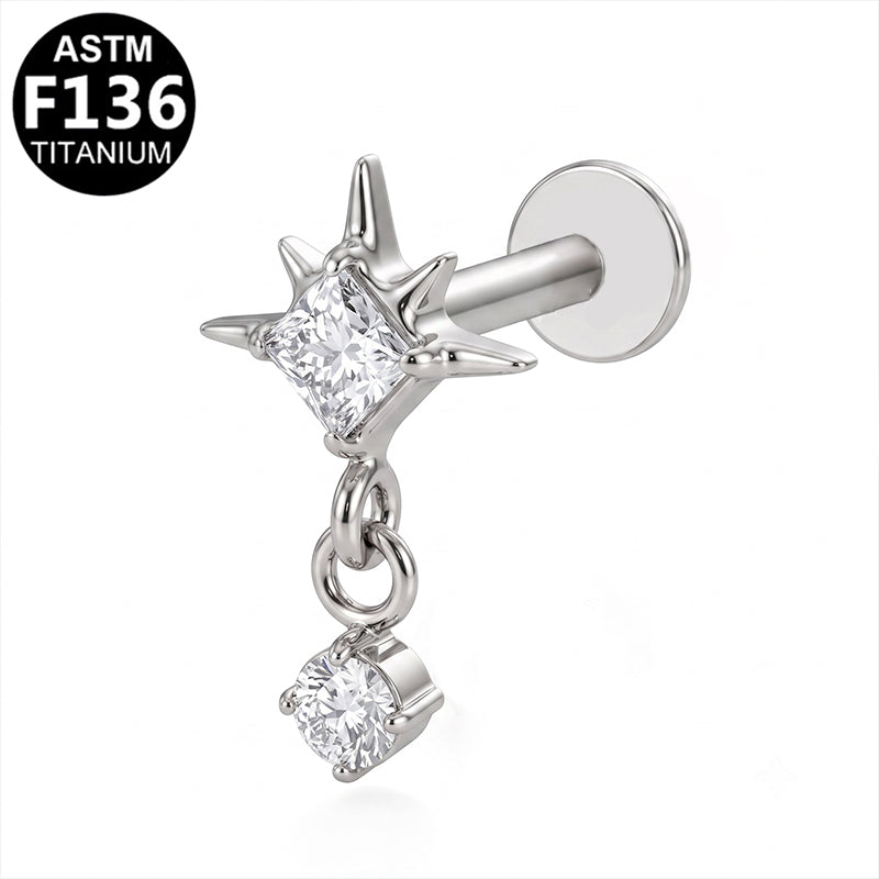 Piercing étoile et zircon pendant en titane argenté