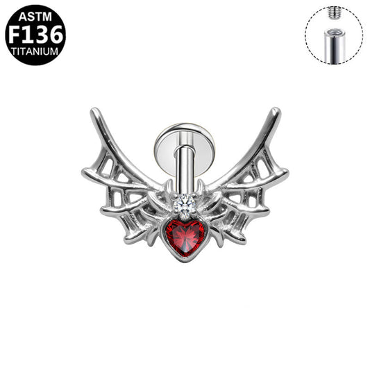 Piercing toile d'araignée cœur rouge en titane argenté