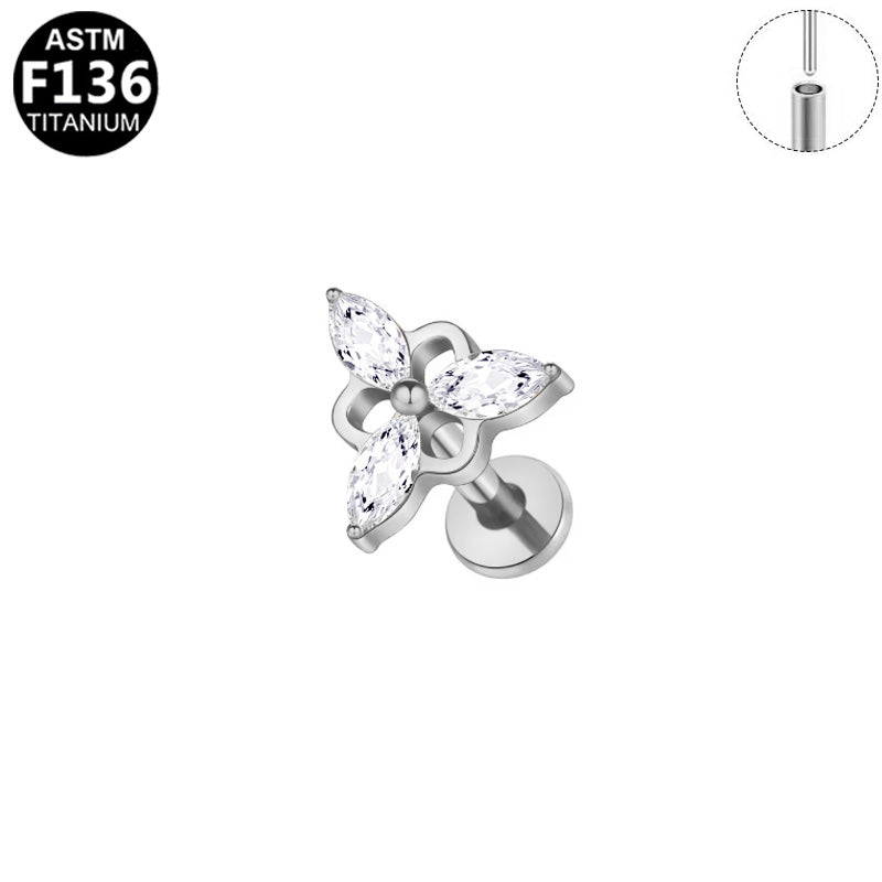 Piercing fleur quatre marquises (push-pin) en titane argenté