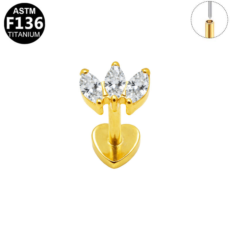 Piercing labret cœur et éventail en titane doré