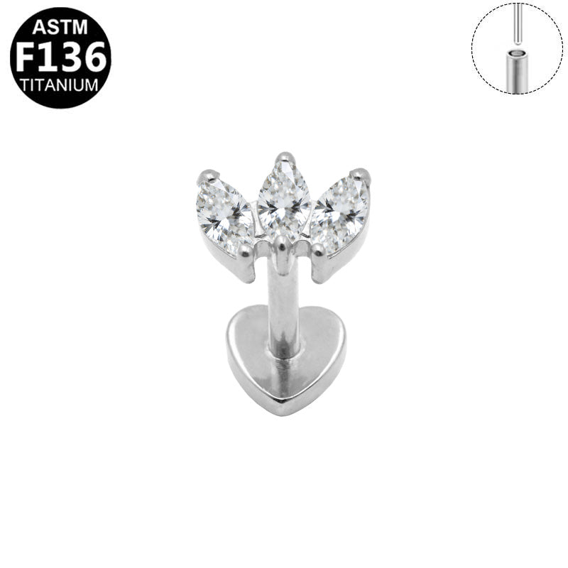 Piercing labret cœur et éventail en titane argenté