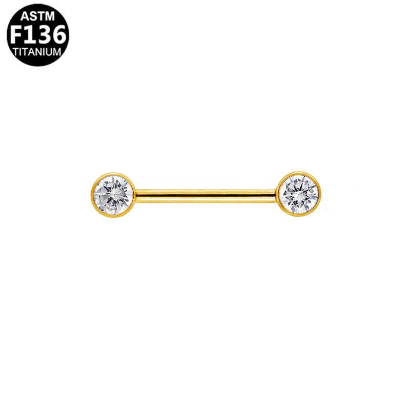 Piercing téton barre deux zircons en titane doré
