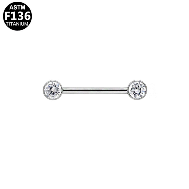 Piercing téton barre deux zircons en titane argenté