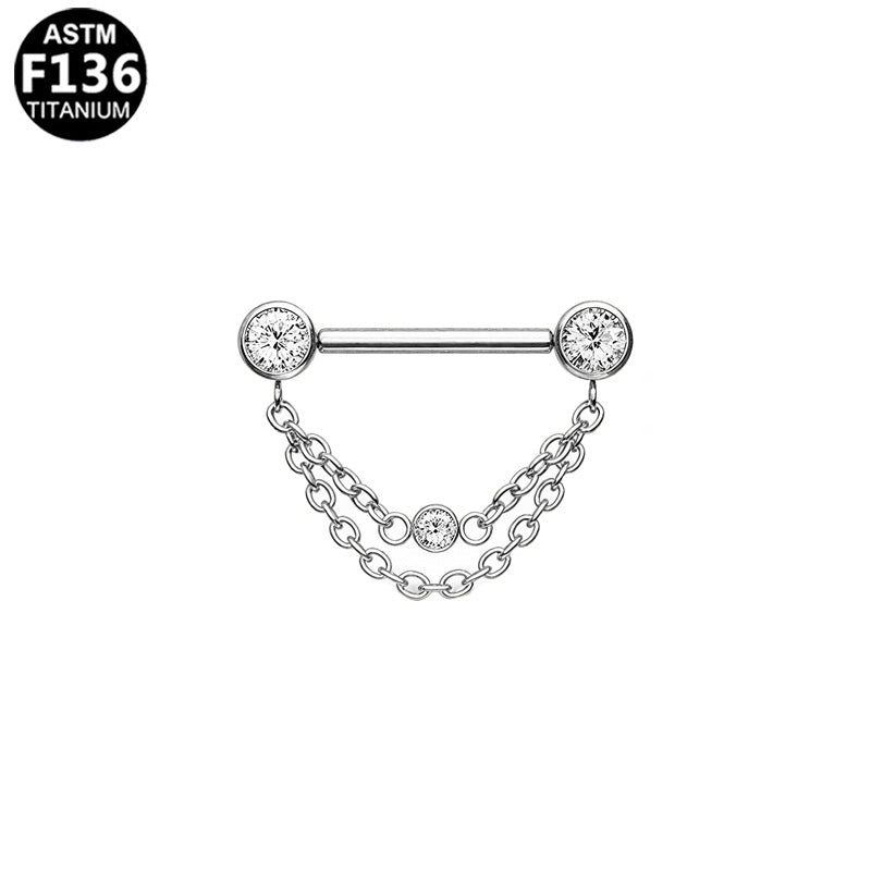 Piercing téton chaînes et zircons en titane argenté