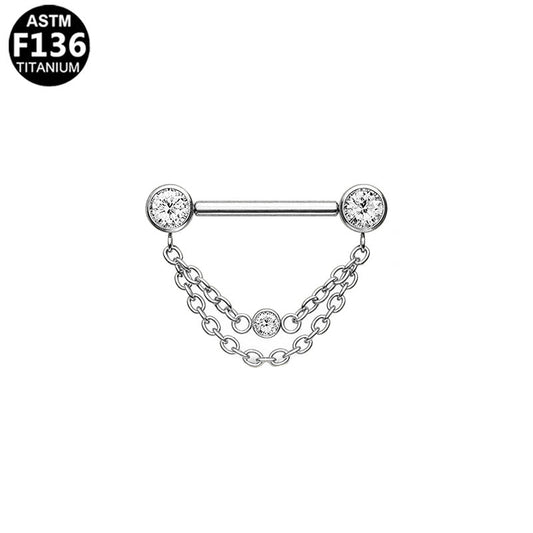 Piercing téton chaînes et zircons en titane argenté