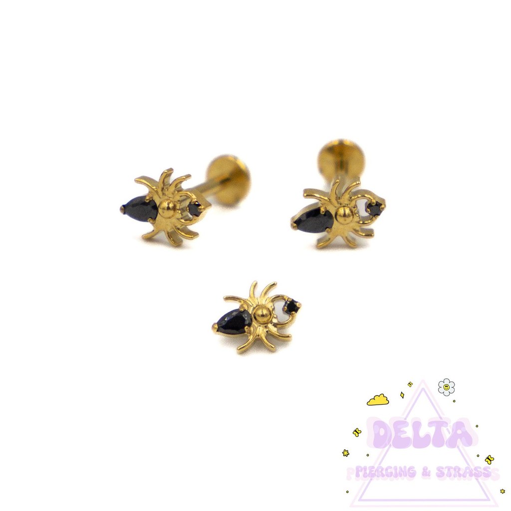 Piercing en titane doré – Araignée strass noirs