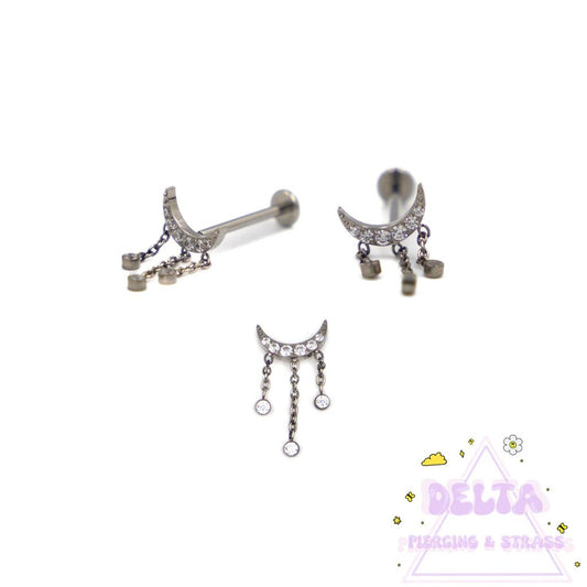 Piercing en titane – Lune zirconium & 3 chaînettes